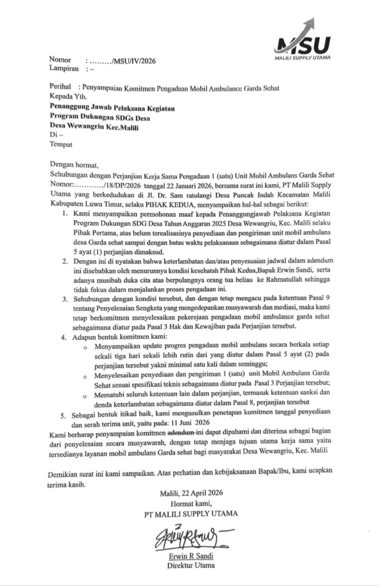 Beredar Surat Permohanan Maaf Erwin R Sandi : Janji Tuntaskan Pengadaan Ambulans 11 Juni 2026